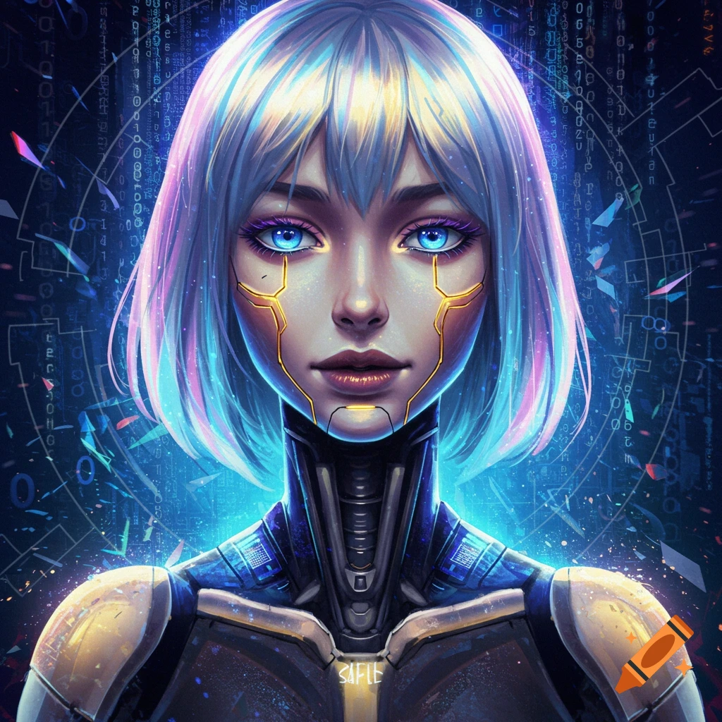 Close-up of a futuristic female cyborg with glowing blue eyes and gold accents, wearing dark armor.