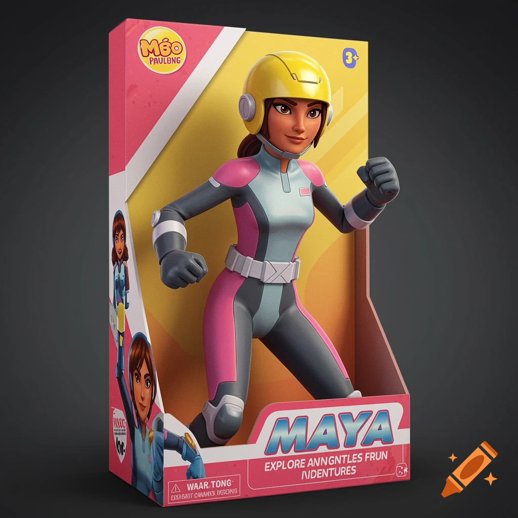 A digital rendering of an action figure named Maya in a colorful toy box, wearing a yellow helmet and jumpsuit.