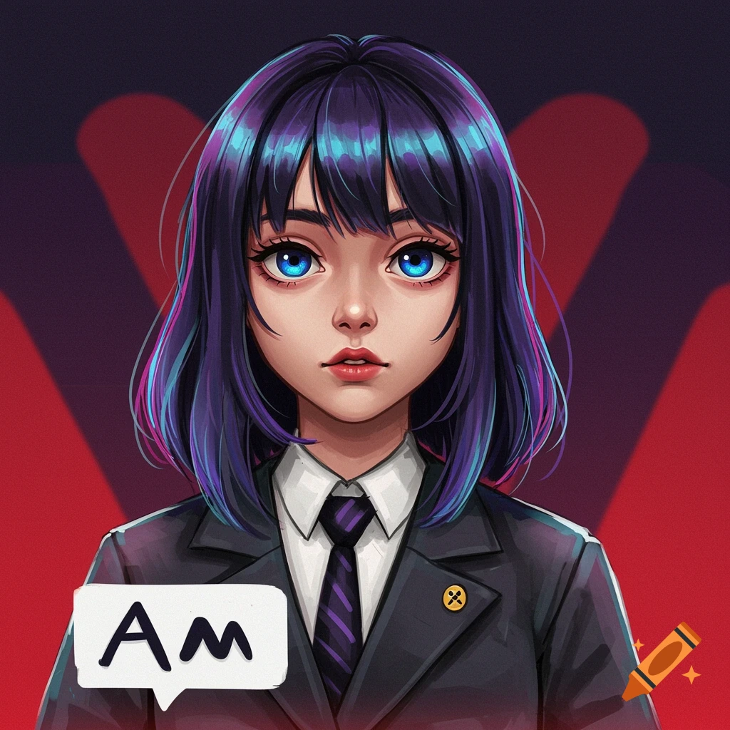 A girl with blue eyes and purple hair in a suit and tie, with 'AM' in a speech bubble.