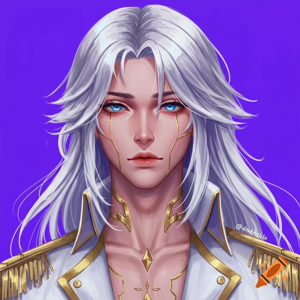 portrait of a male anime character with long white hair, blue eyes, gold markings, and a white uniform.