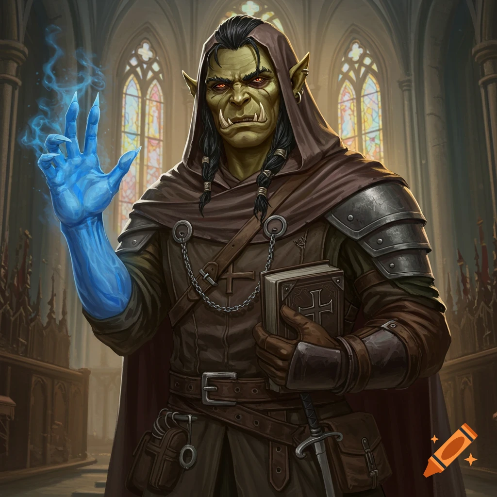 An orc in a hooded robe holding a book is casting a spell with a blue glowing hand in a church.