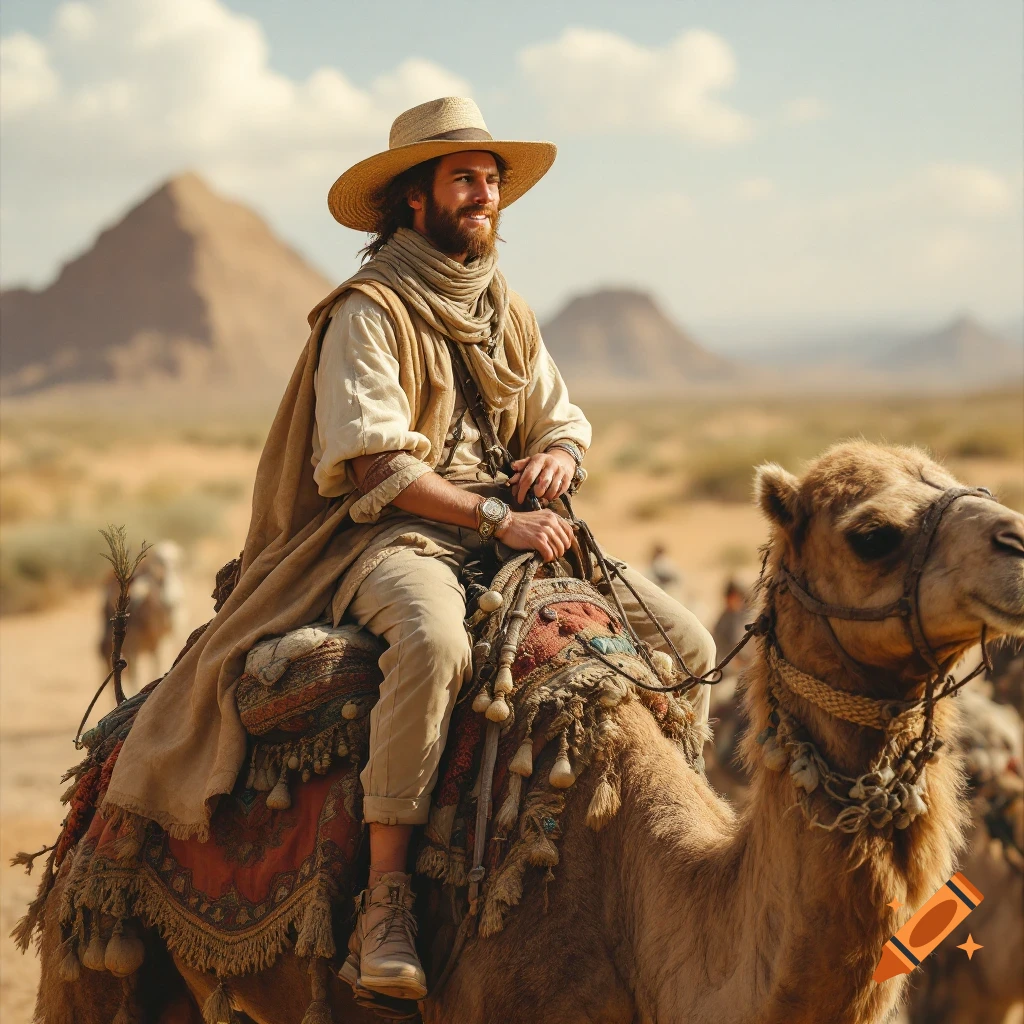 Man in hat and scarf rides a camel through a desert landscape with a pyramid.