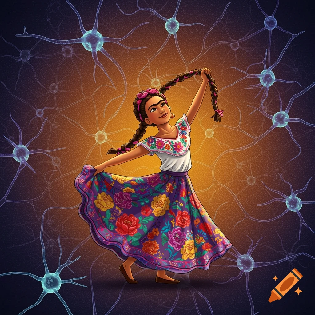 A young girl in a floral Mexican dress dances amidst blue neurons.