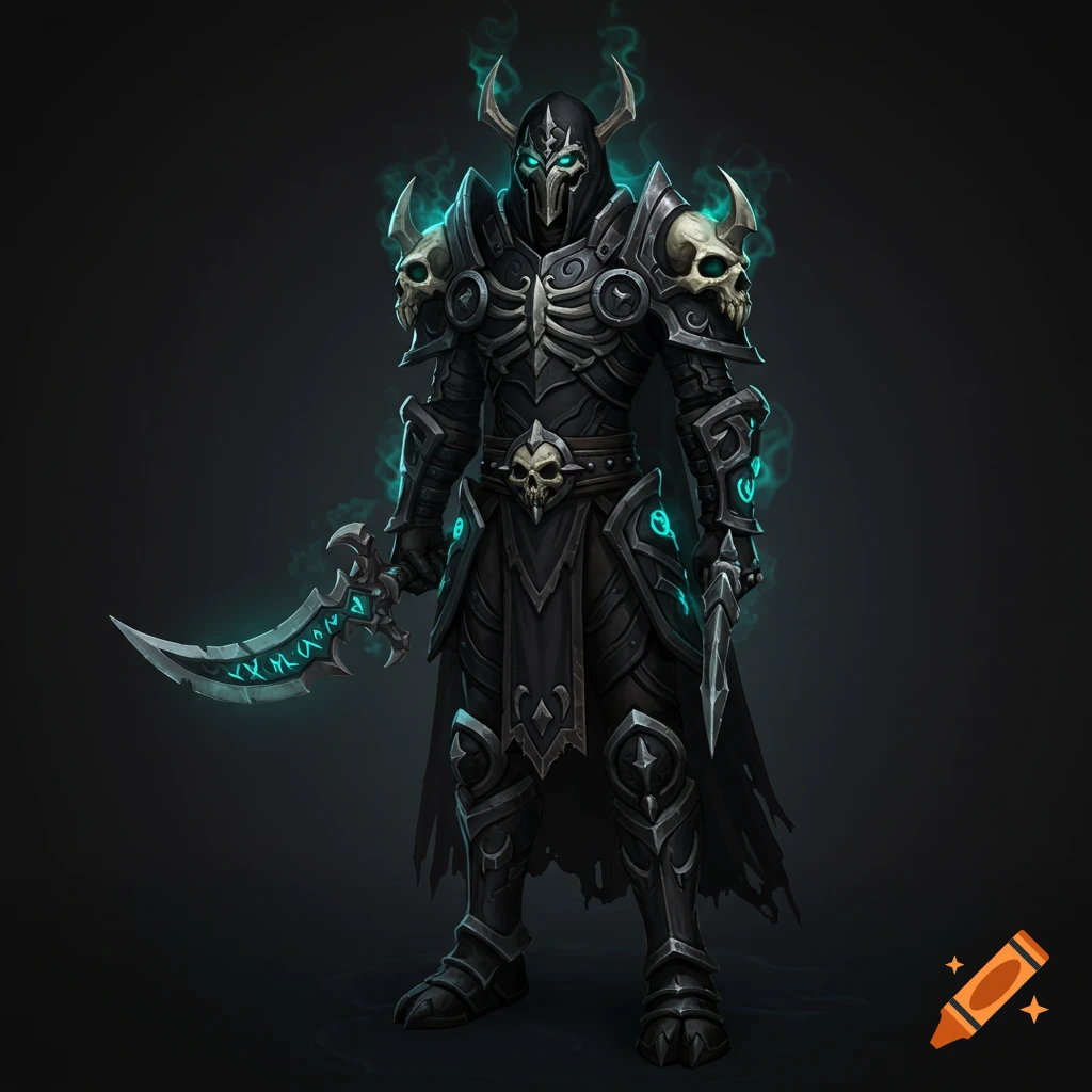 A fantasy character in black armor with glowing blue accents and skull pauldrons holds a curved runic sword.