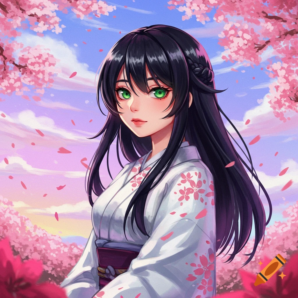 An anime girl in a white kimono stands among cherry blossoms.
