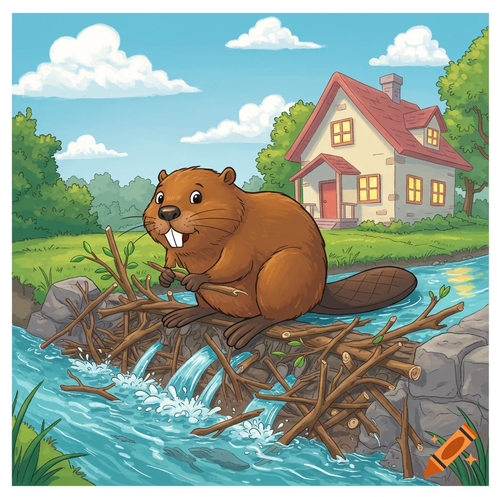 Cartoon beaver on a dam in a stream with a house in the background.