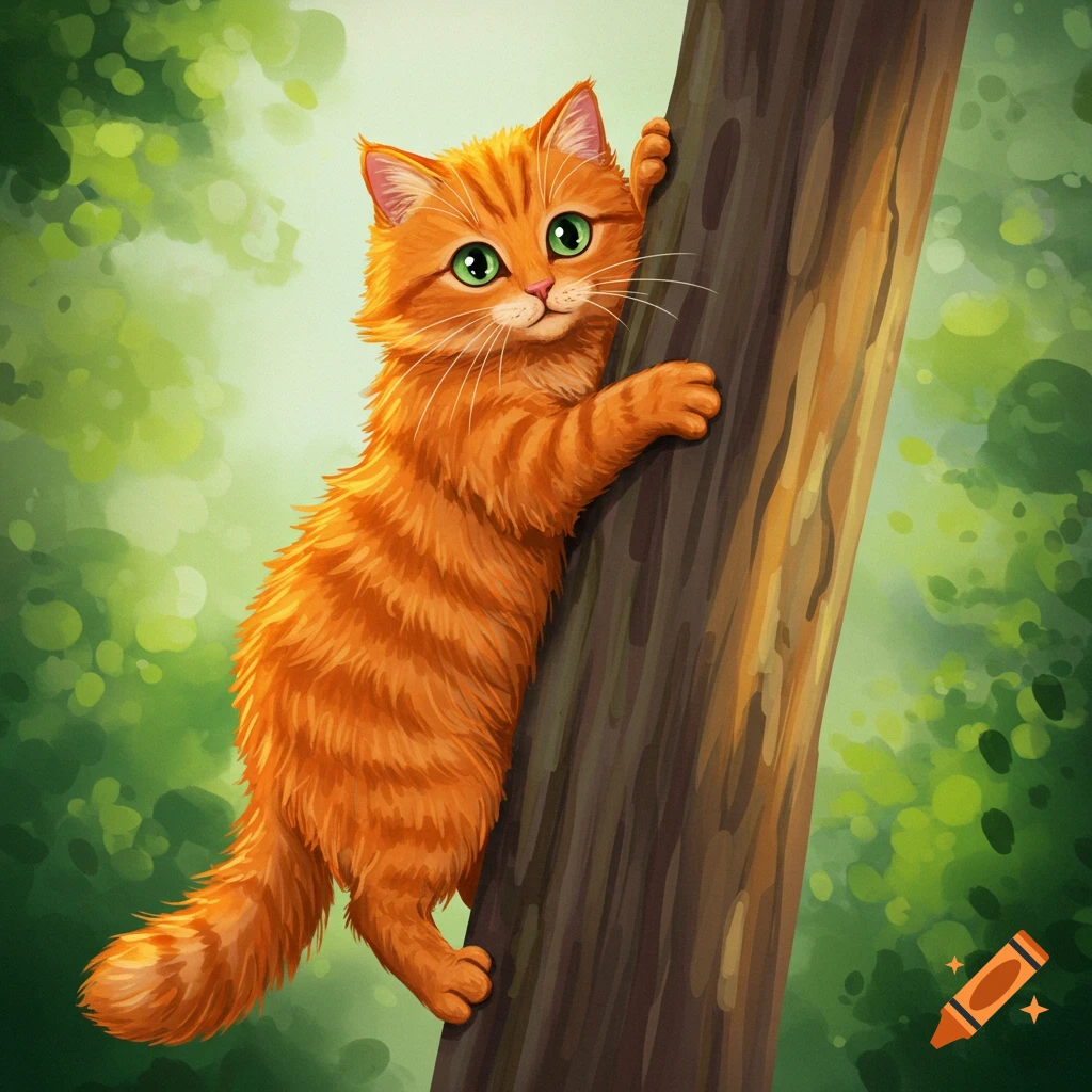 A cute orange tabby cat climbs a tree trunk.