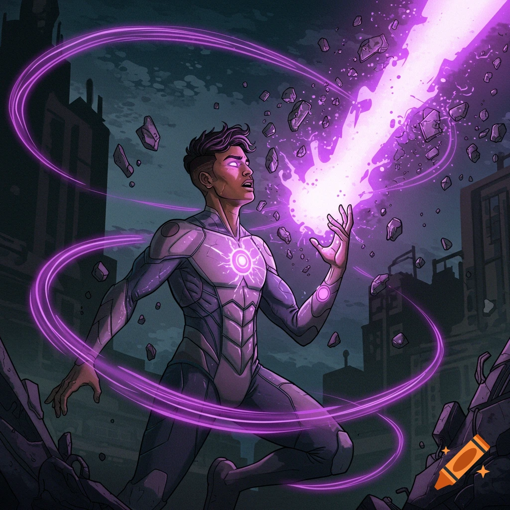 A superhero in a futuristic suit casts a purple energy beam amidst floating rocks.