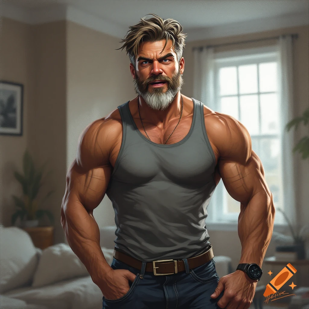 A muscular man with a beard wearing a grey tank top stands in a living room.