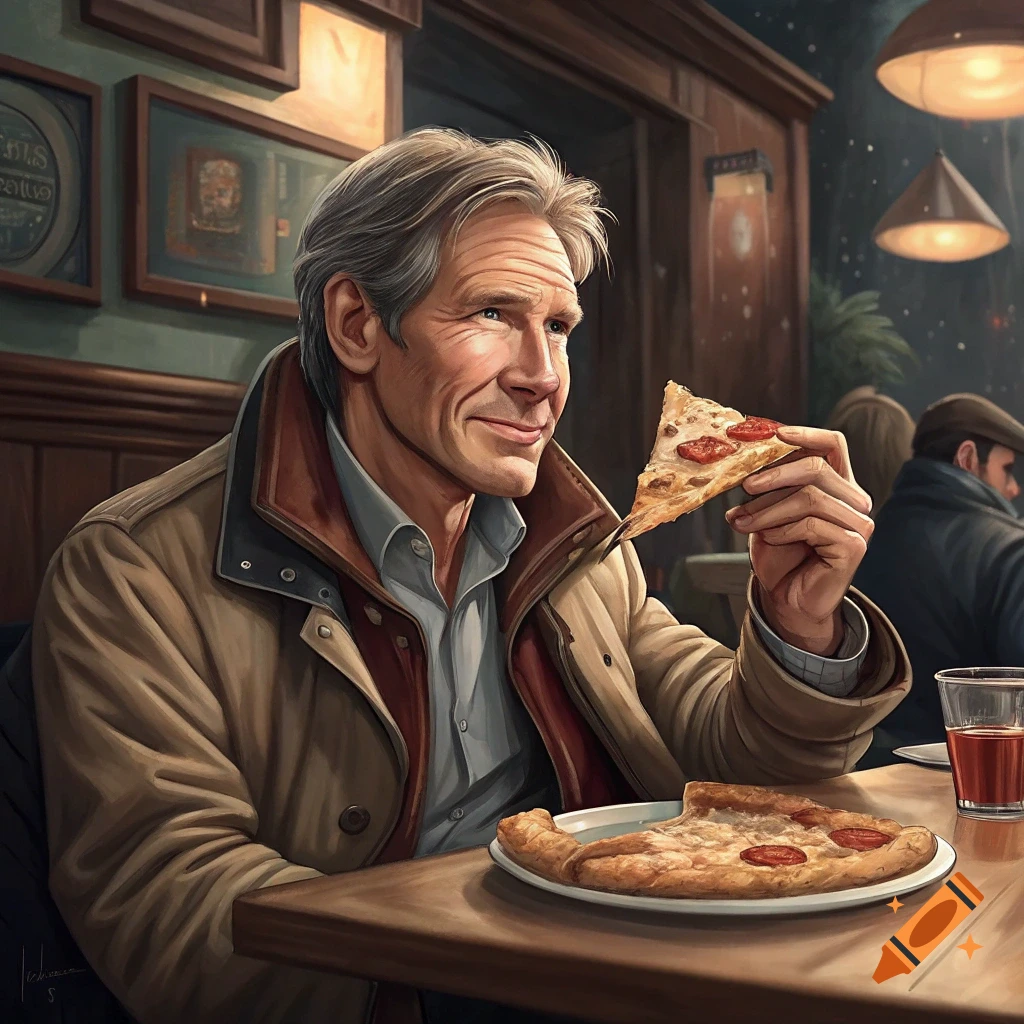 A man resembling Harrison Ford smiles while holding a slice of pizza in a restaurant.