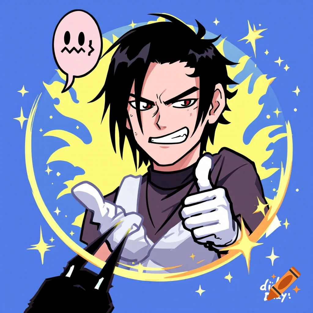 Anime style illustration of a person with dark hair giving a thumbs-up, with a moon and stars background.