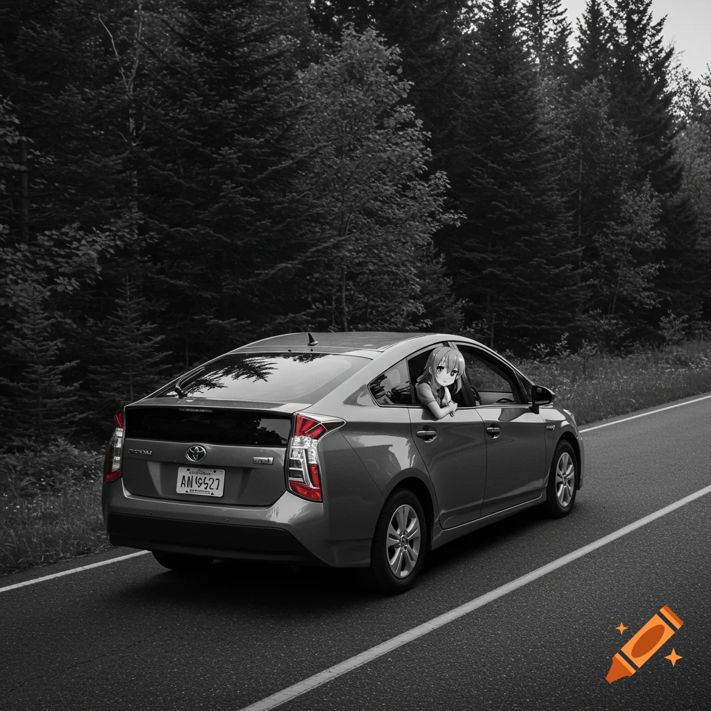 Grayscale photo of an anime girl leaning out the window of a car driving on a road.