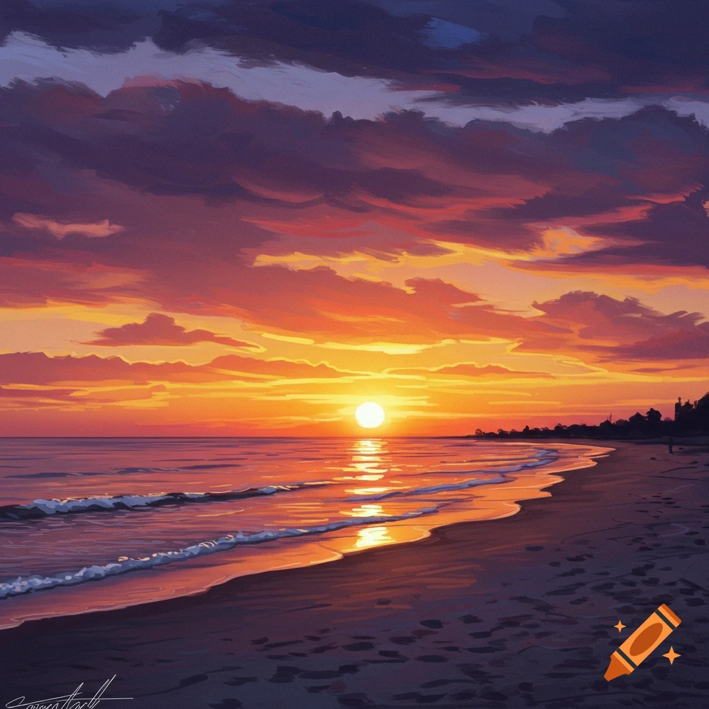 A beach with crashing waves and a vibrant sunset sky.