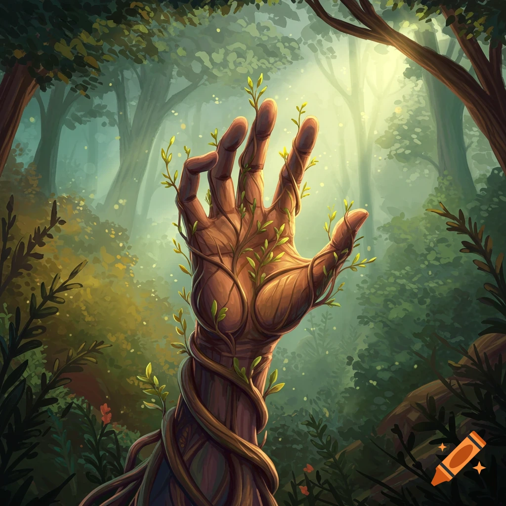 A wooden hand made of tree roots and leaves reaching up in a forest.