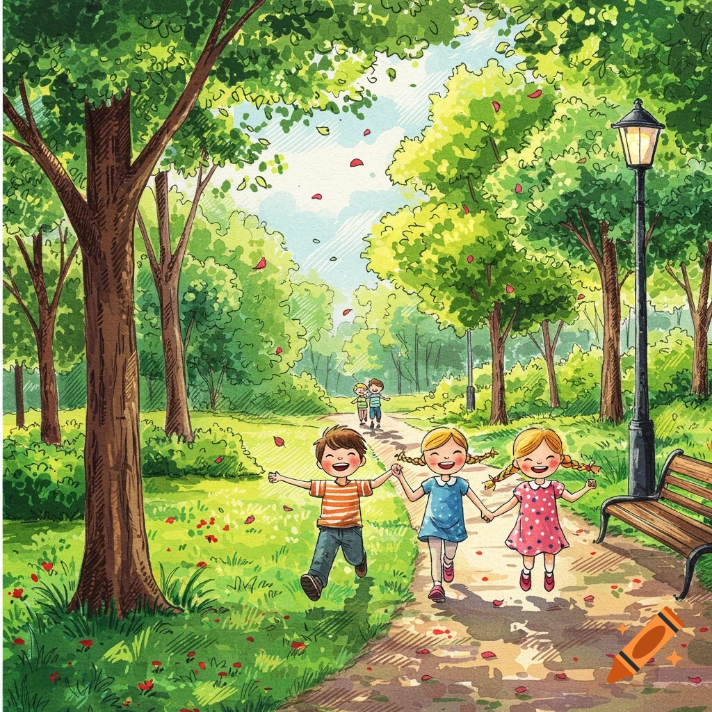 Watercolor illustration of children running and holding hands on a sunny park path.