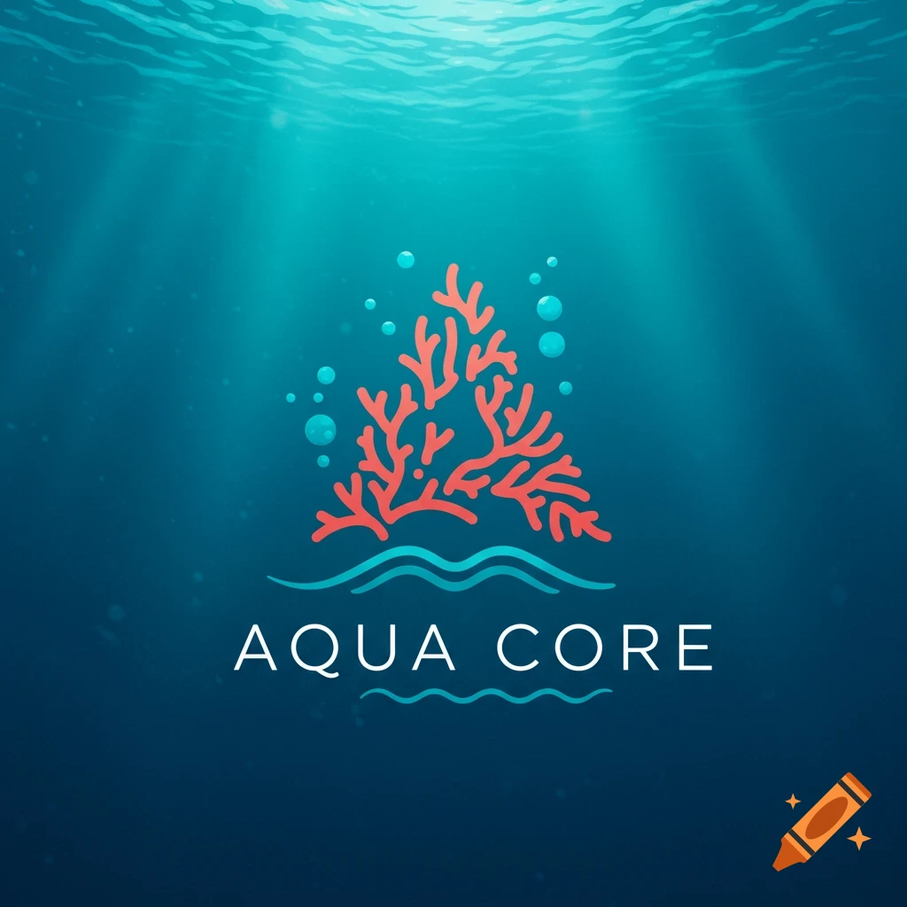 Logo for AQUA CORE with stylized coral and waves underwater.