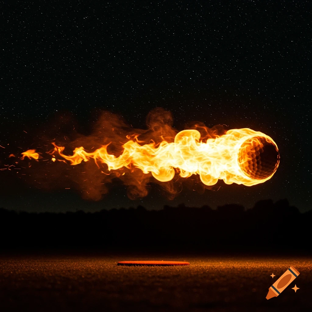A golf ball on fire flies through the starry night sky above a golf course.