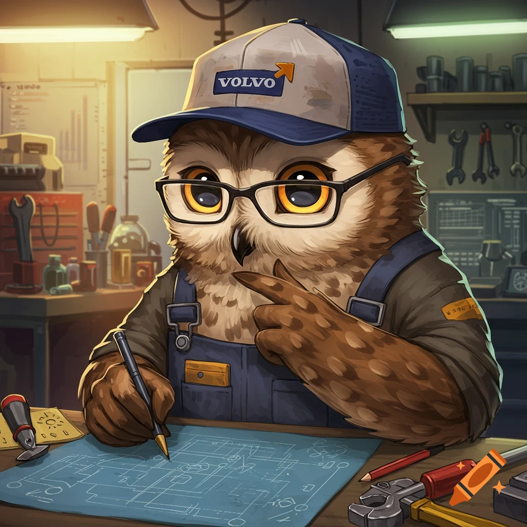 A cartoon owl engineer wearing a Volvo cap works on a blueprint in a workshop.