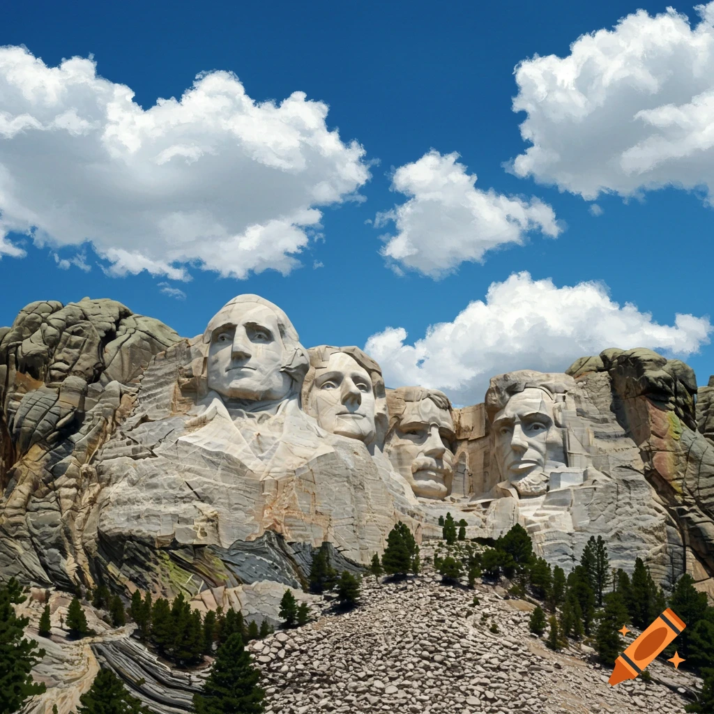The faces carved into Mount Rushmore under a blue sky with clouds
