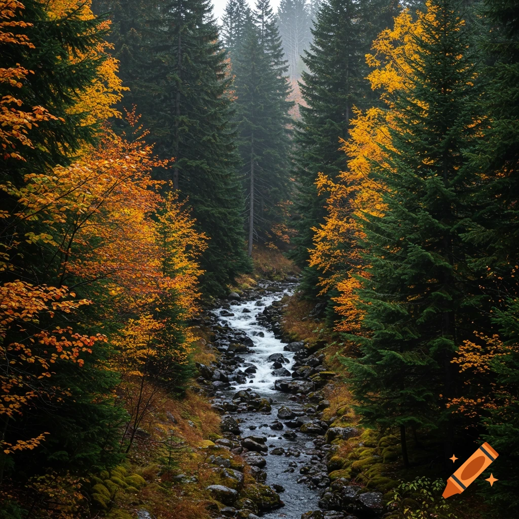 A stream flows through a forest with orange and green trees in autumn.