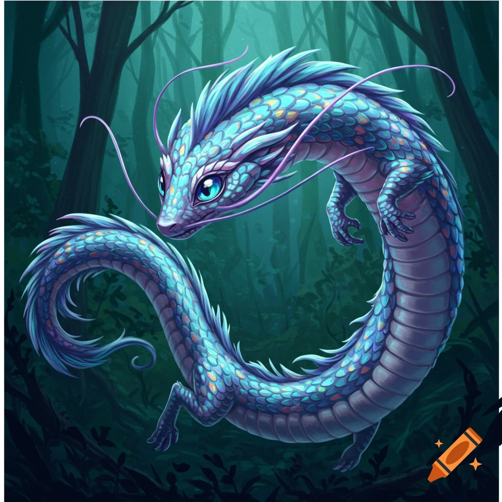 A blue and purple fantasy dragon floating in a forest.
