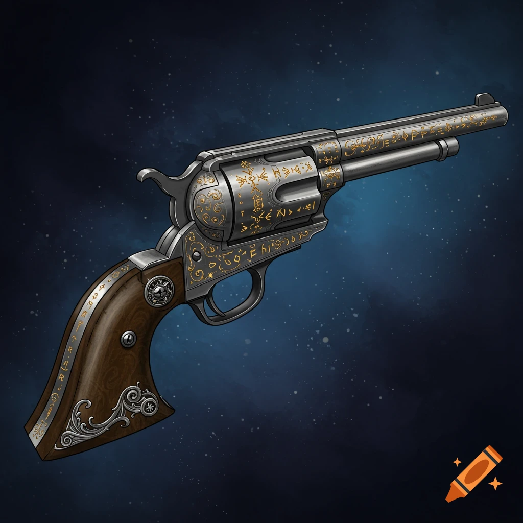 A magical single action revolver with intricate golden etching on a starry background.