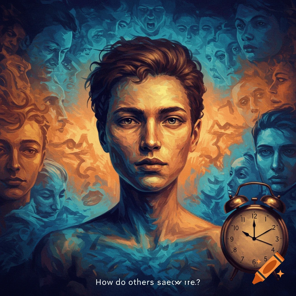 A person's face is surrounded by other faces, with an alarm clock present.