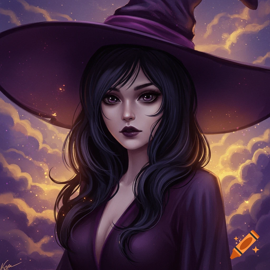 A witch with dark hair, purple hat and dress against a stormy sky.