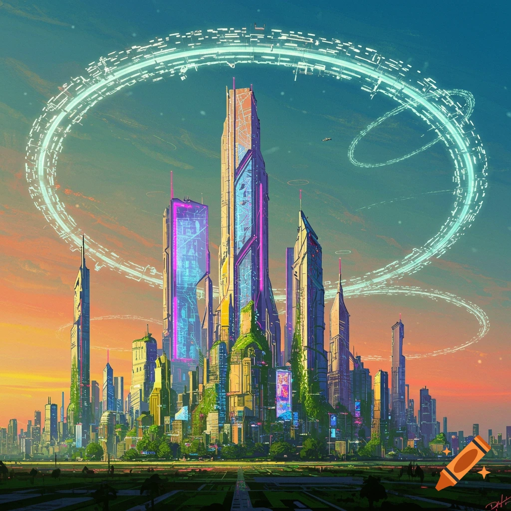 A futuristic city skyline with tall buildings and a glowing ring in the sky at sunset.