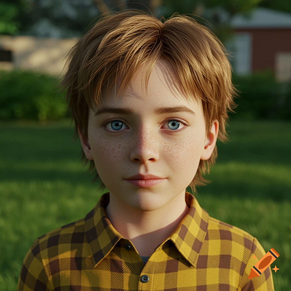 Photorealistic portrait of a young boy with blue eyes and freckles in a yellow plaid shirt, outdoors.