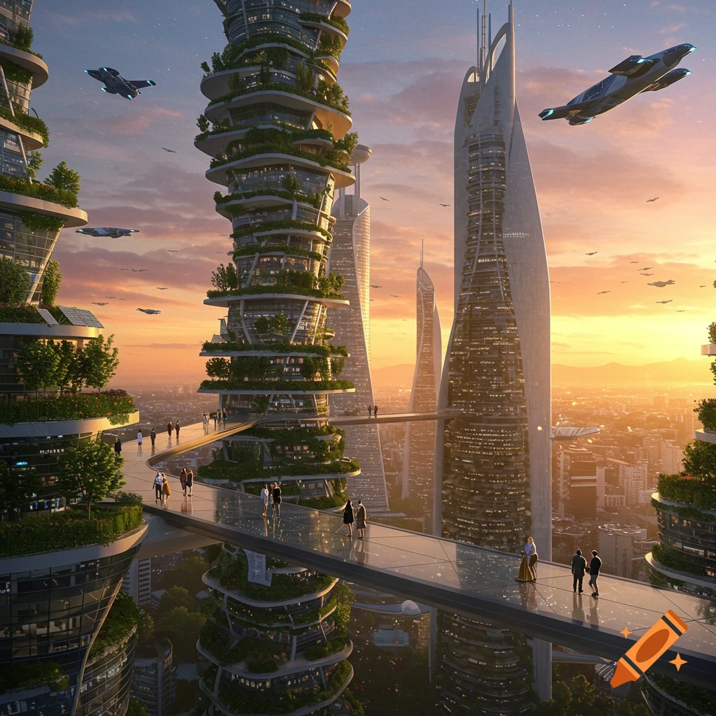 A futuristic city at sunset with green skyscrapers, flying cars, and people walking on sky-bridges.