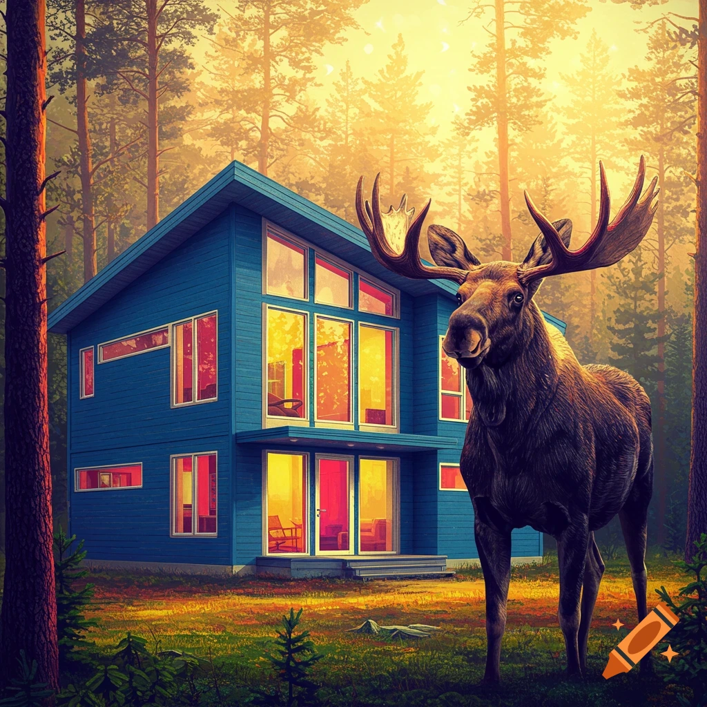 A moose stands in front of a blue house in a forest with golden light.