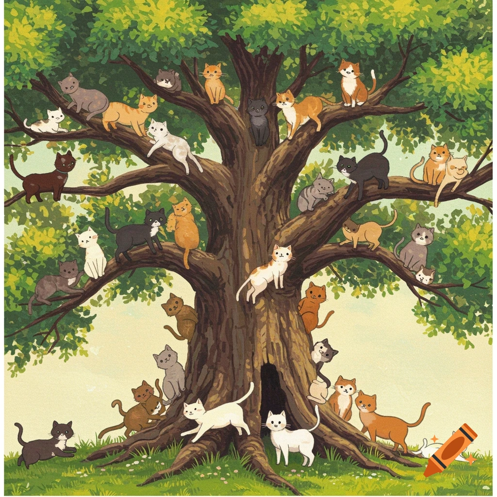 A whimsical illustration of a large oak tree filled with many colorful cats in varying poses.