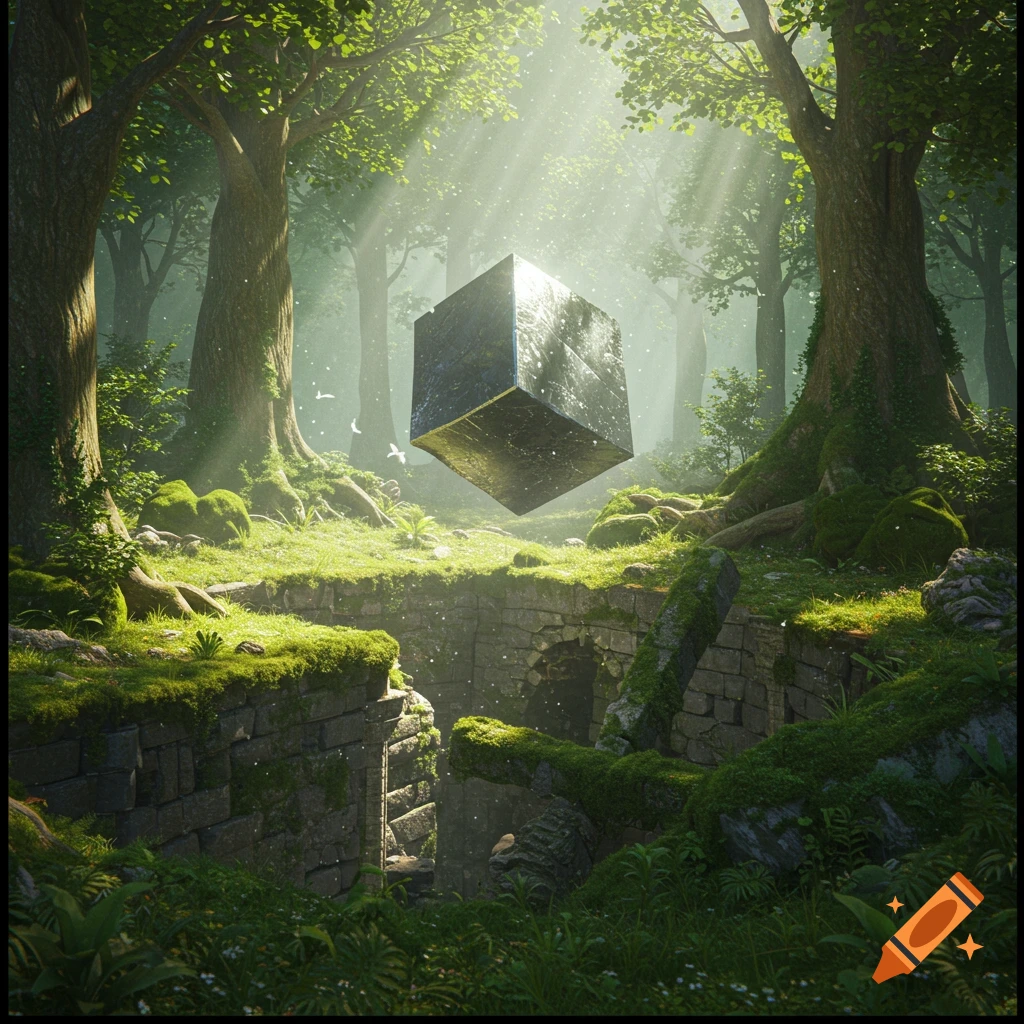 A mysterious silver cube hovering over mossy ruins in a sun-dappled forest.