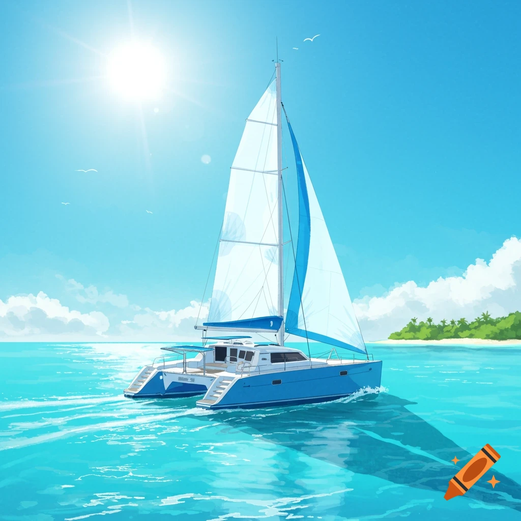 A blue and white catamaran sails on turquoise water near a tropical island under a bright sun.