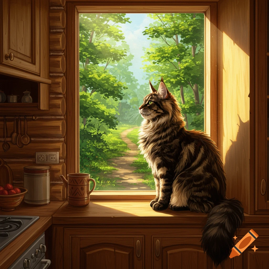 A Maine Coon cat sits on a log cabin kitchen window ledge, looking out at a woodland path.