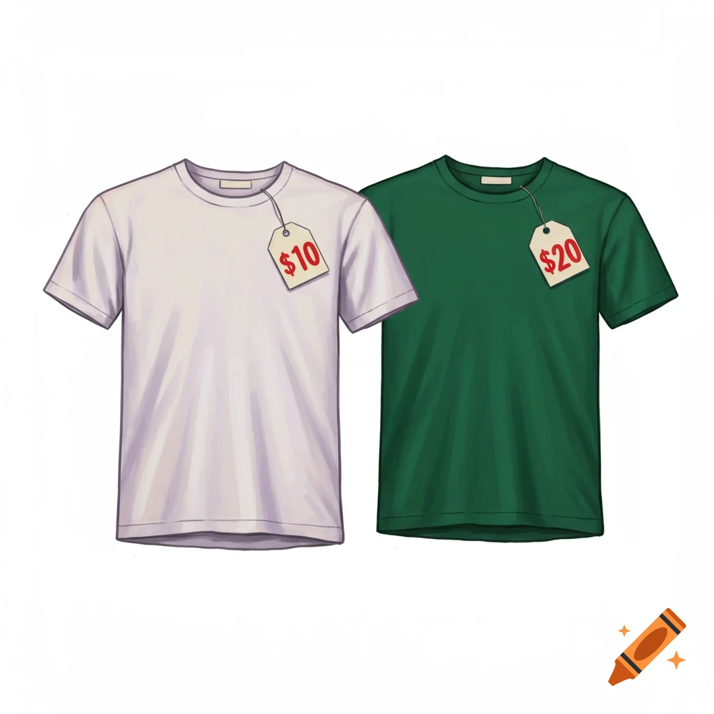White t-shirt with a $10 tag and a green t-shirt with a $20 tag.