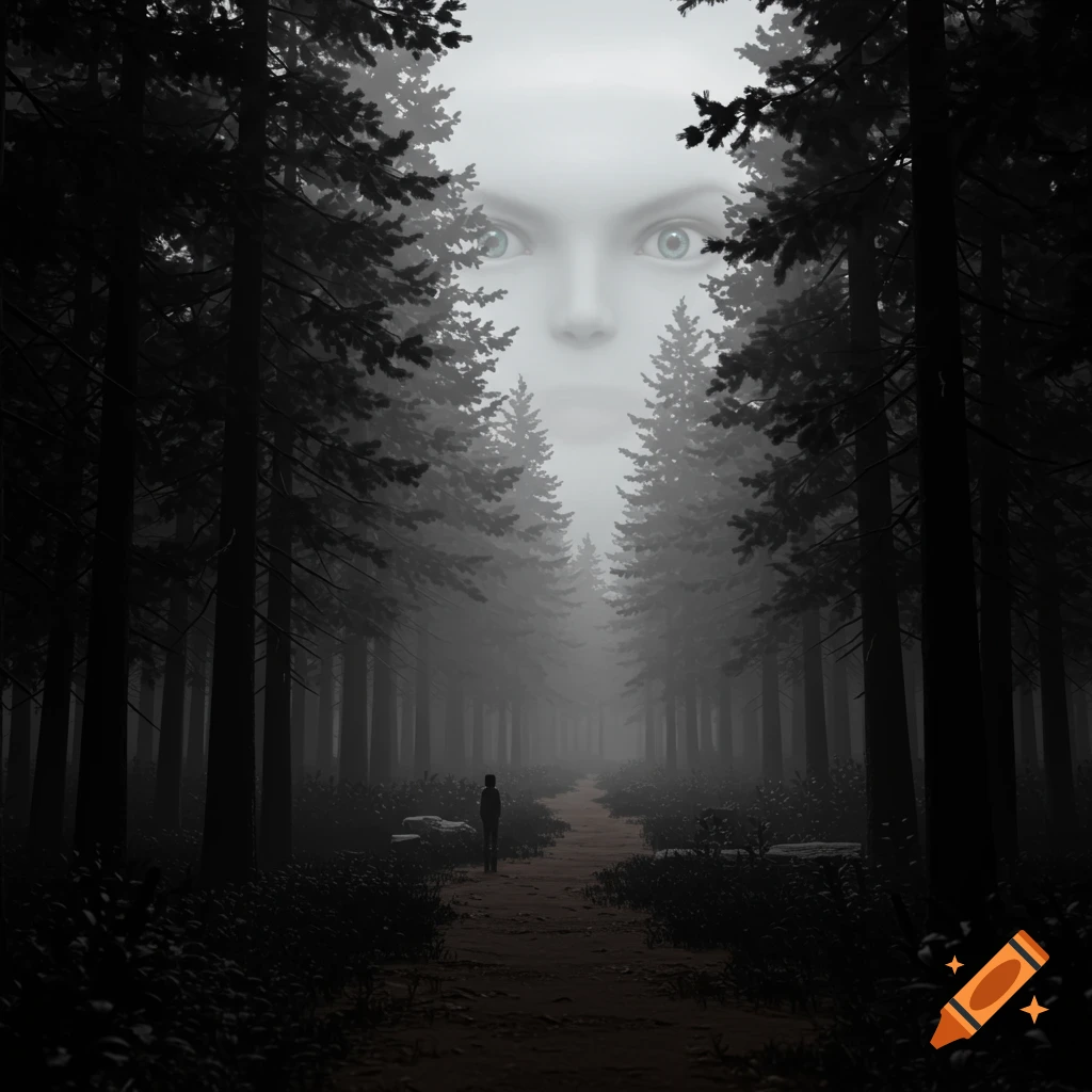A figure stands on a path in a dark, misty forest with a giant face visible in the hazy sky. Stylized art.