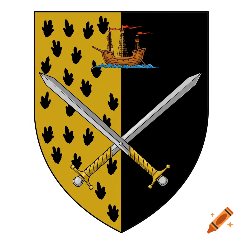A coat of arms shield per pale, with black ermine spots on gold and a ship on black, crossed swords overlaid.