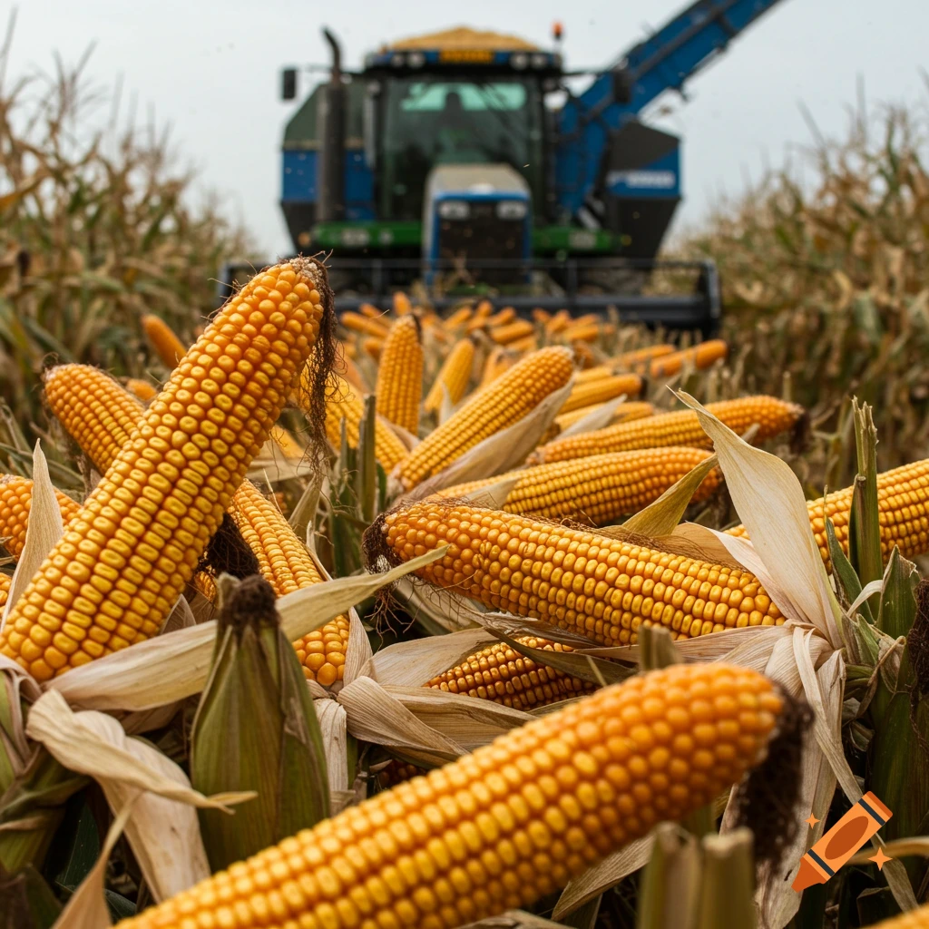 Close up of corn cobs in a field with a combine harvester in the background.