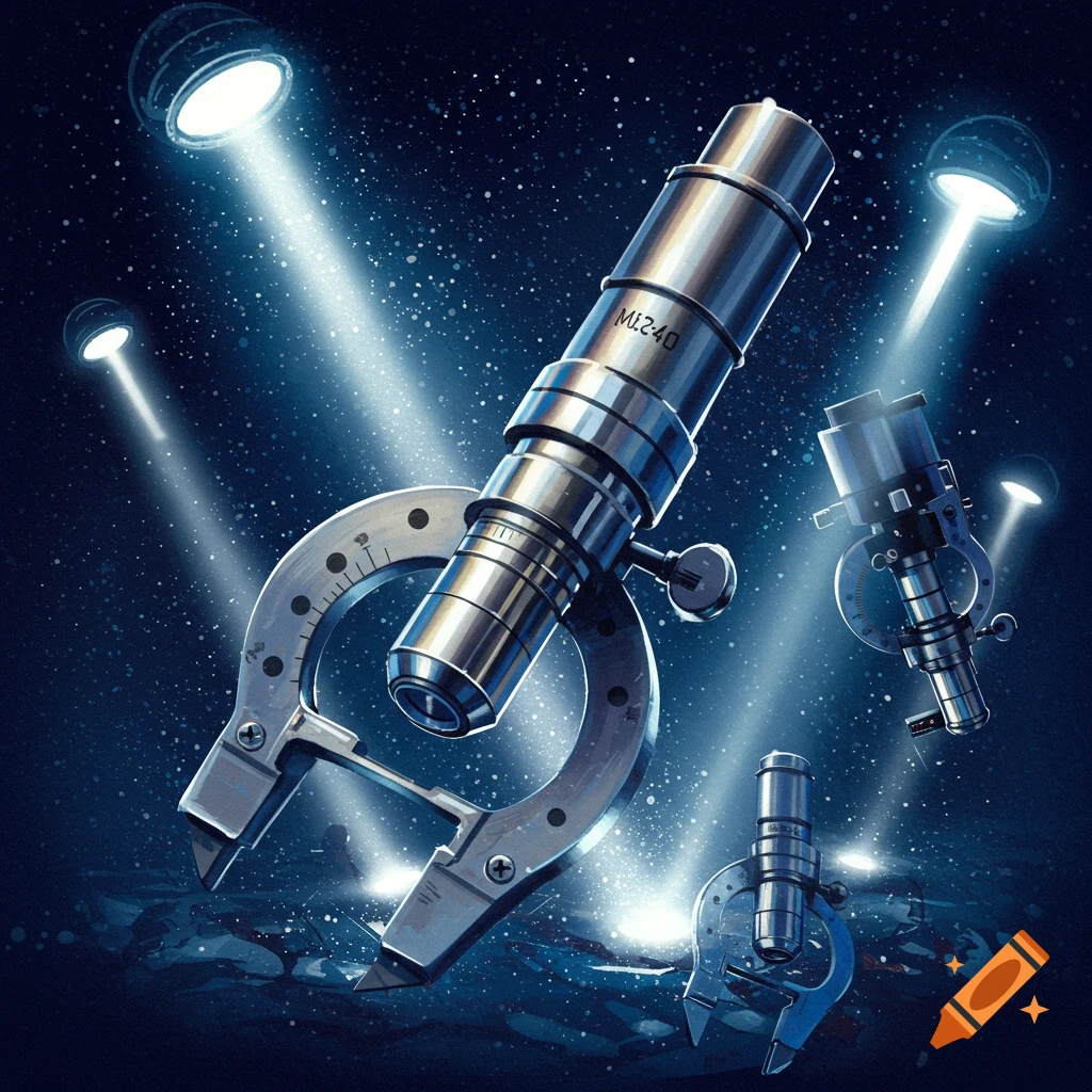 Shiny micrometers illuminated by spotlights against a dark, starry background.
