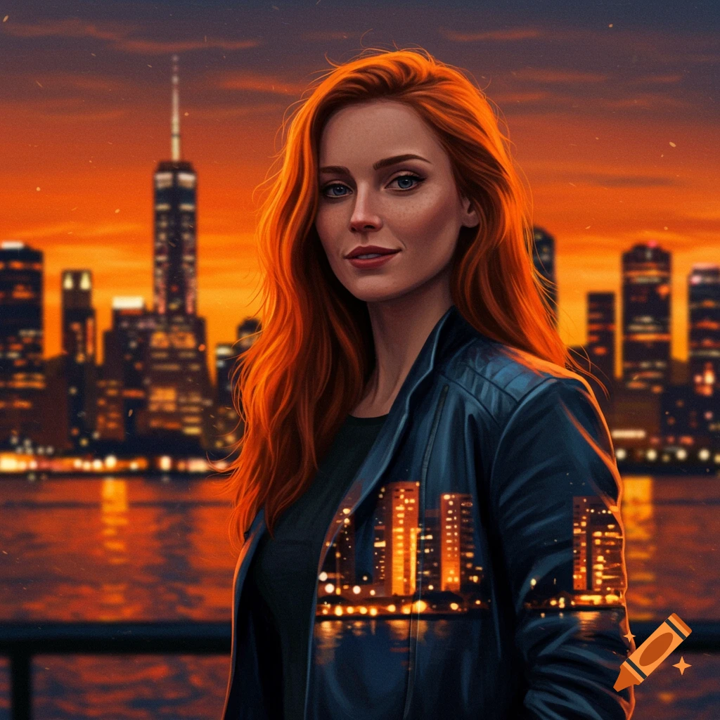 A woman with red hair stands before a city skyline at sunset.