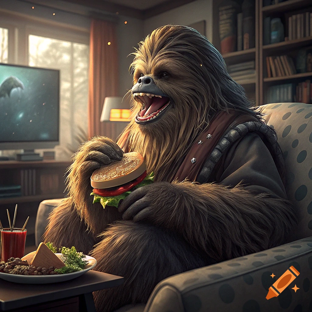 Chewbacca sits in a chair eating a large burger while watching TV.