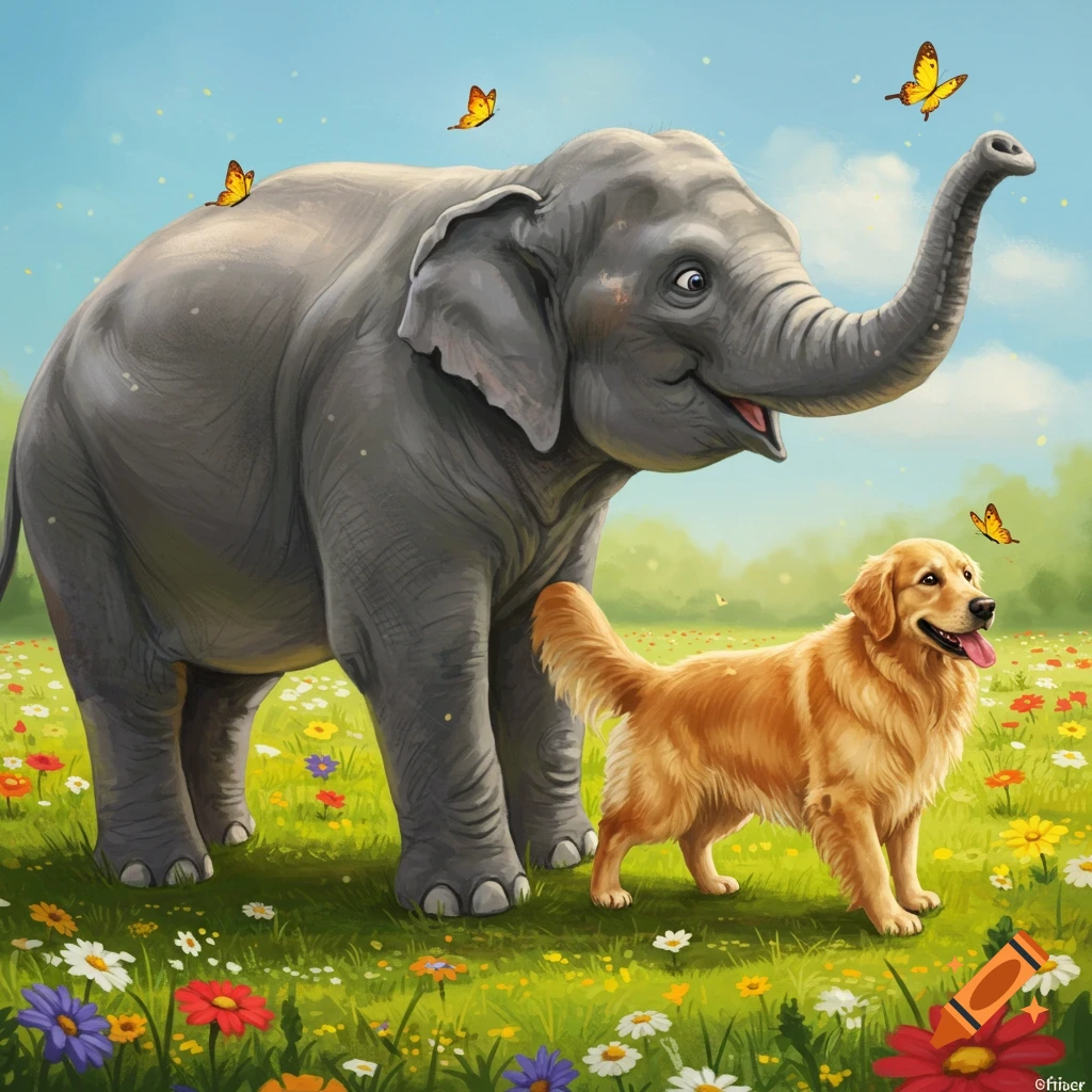 A golden retriever and an elephant standing in a field of flowers.