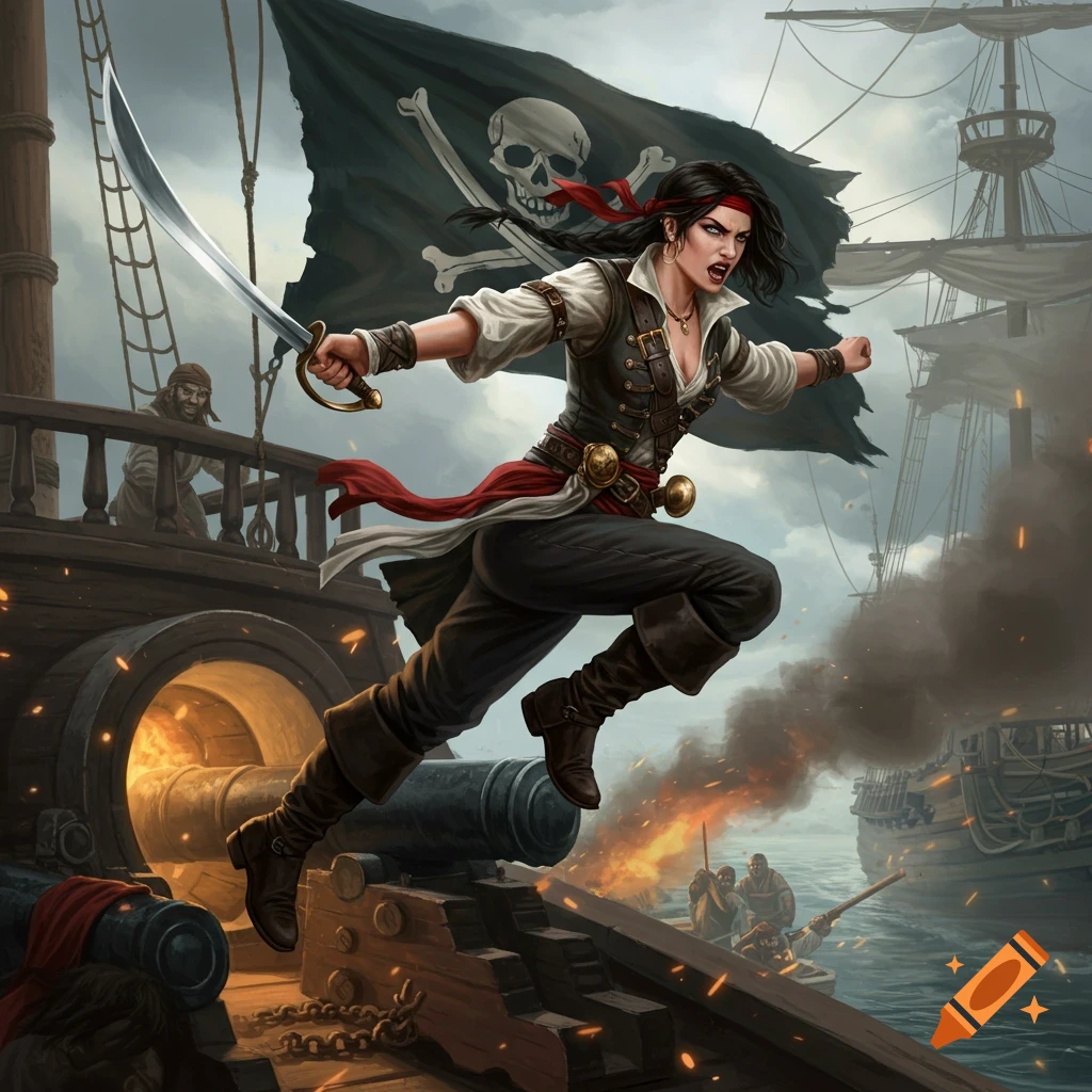 A female pirate leaps across ships with a sword and pirate flag during a battle.