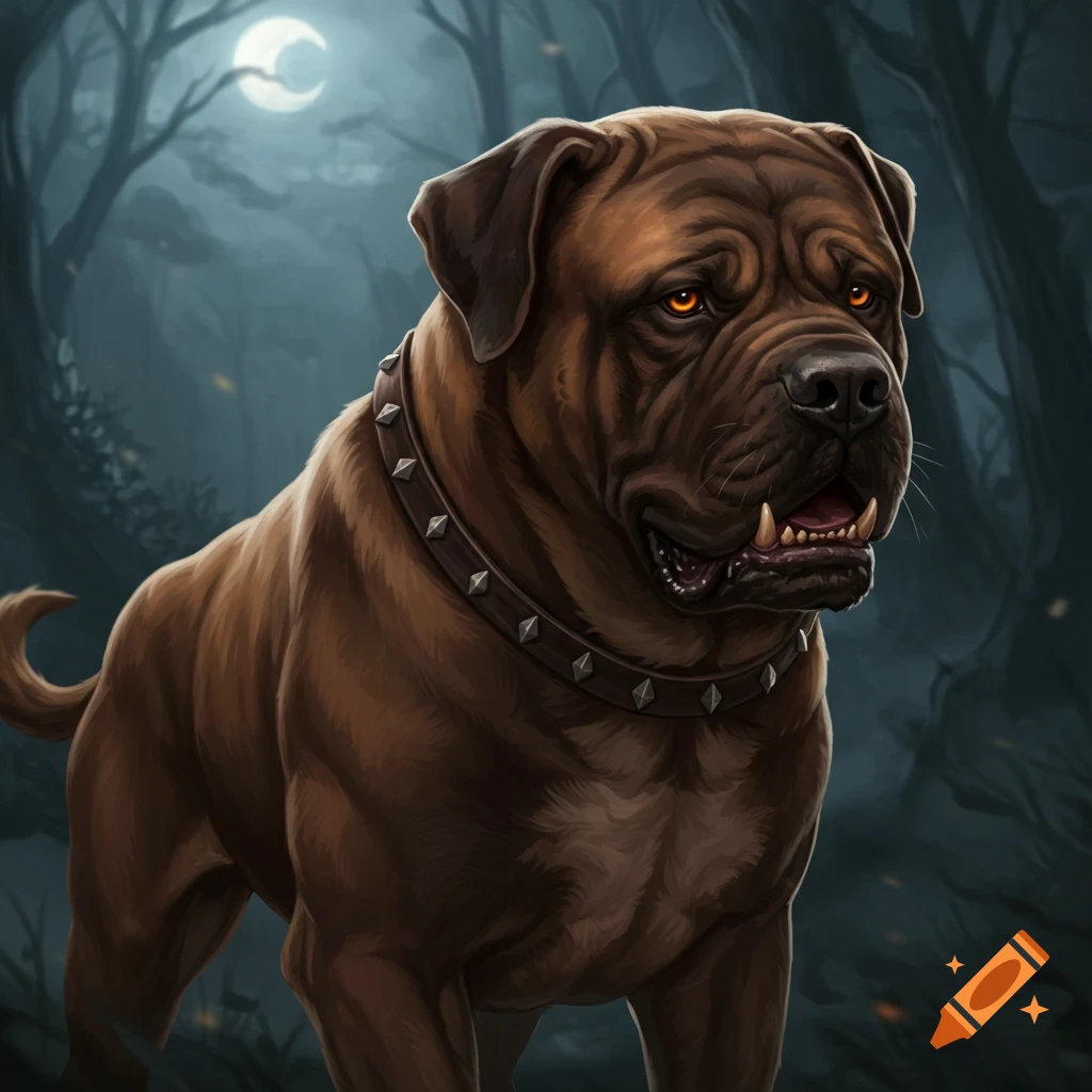 A large brown dog with orange eyes and a spiked collar stands in a dark forest under a crescent moon, digital art.