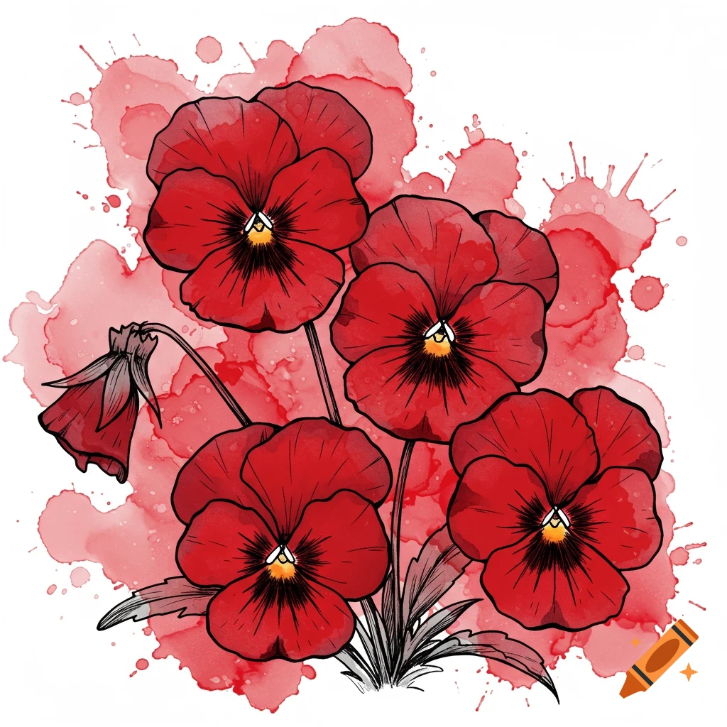 Red pansy illustration with black outlines and watercolor splash background.