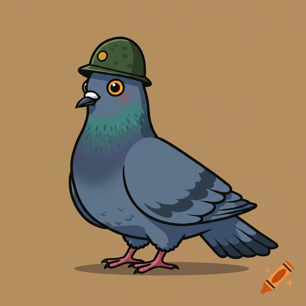 A cartoon pigeon wearing a green army helmet