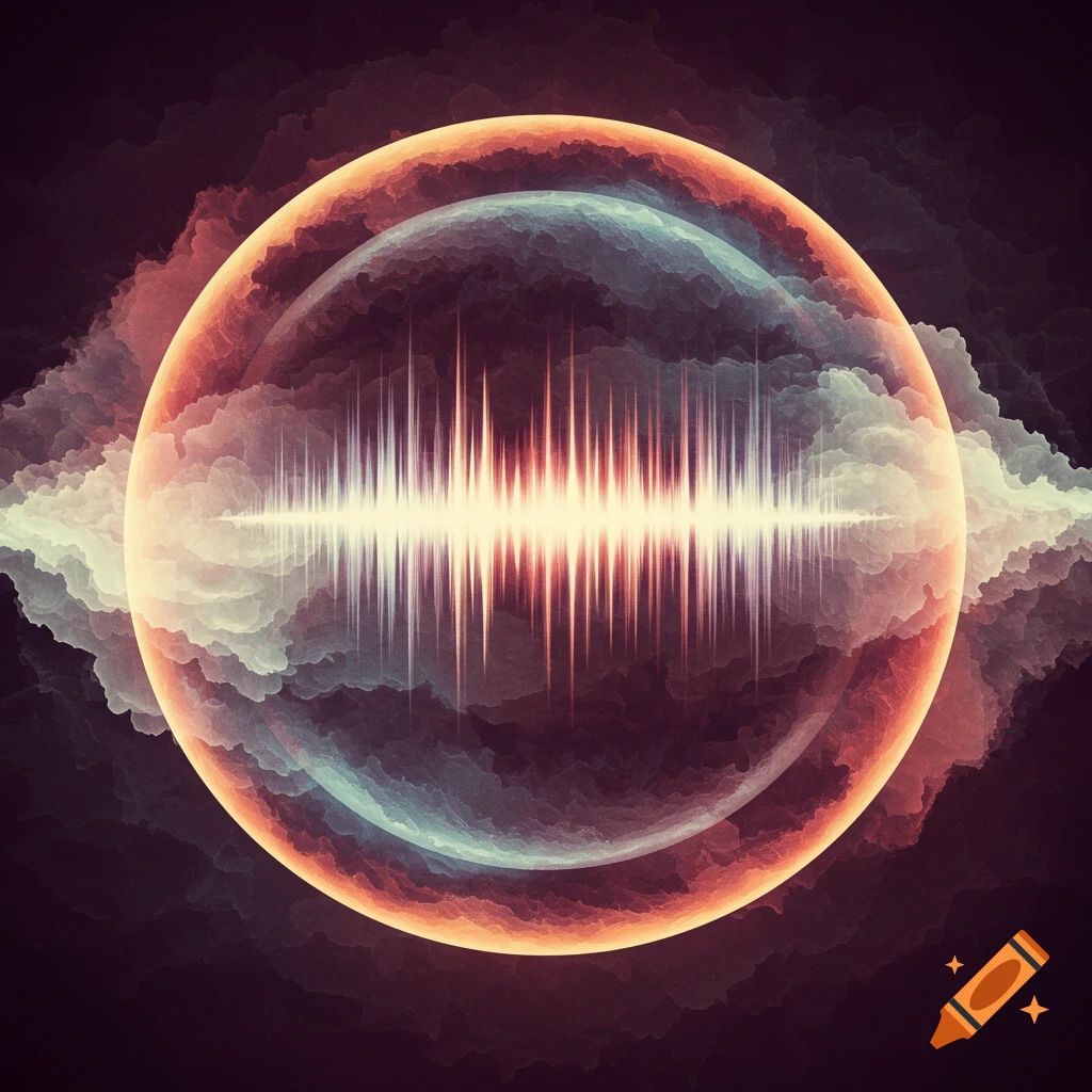 Sound wave inside a glowing circle surrounded by abstract clouds.
