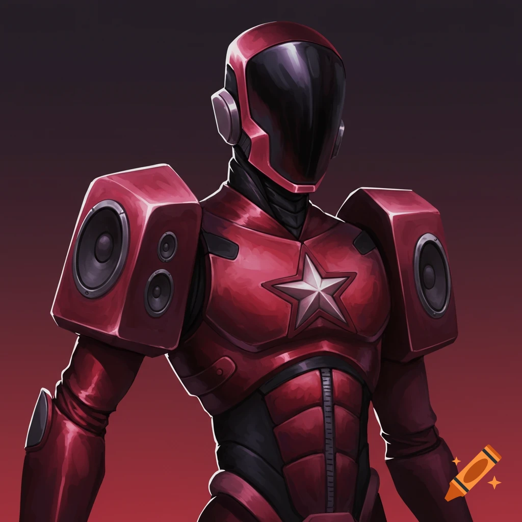 A red robot with shoulder speakers and a star on its chest.
